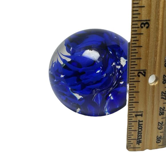 Cobalt Blue Striped Swirl Gold Flaked Glass Paperweight Bubbles - Artist Signed - Picture 13 of 14